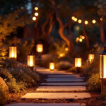 A photograph of a beautifully lit outdoor space featuring various led lanterns in use