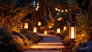A photograph of a beautifully lit outdoor space featuring various led lanterns in use