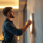 A photograph of a lighting contractor installing energy-efficient cove lighting in a modern interior space