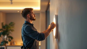 A photograph of a lighting contractor installing energy-efficient cove lighting in a modern interior space