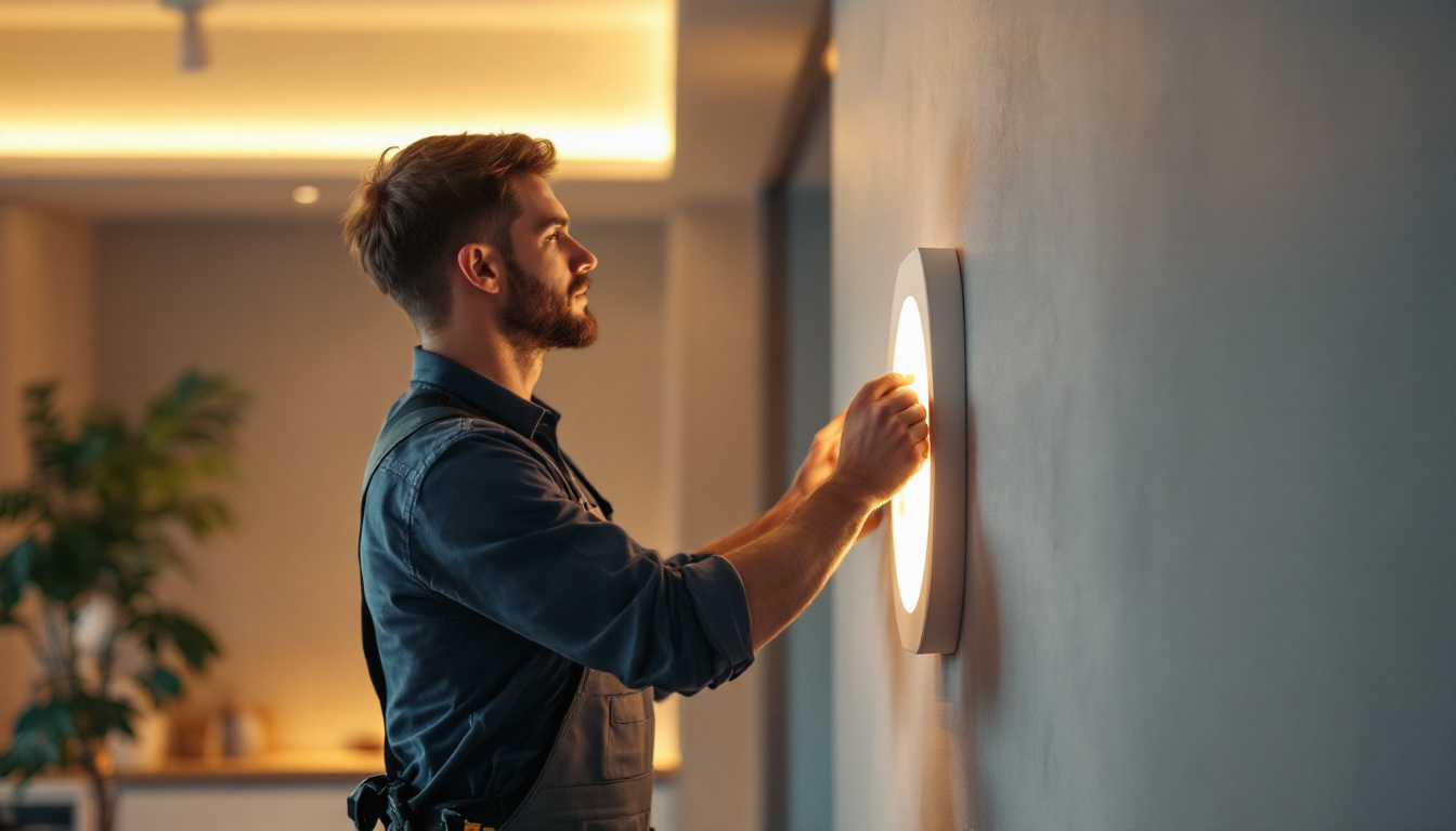 A photograph of a lighting contractor installing energy-efficient cove lighting in a modern interior space