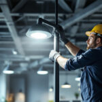 A photograph of a lighting contractor installing or adjusting indoor pole lights in a commercial space