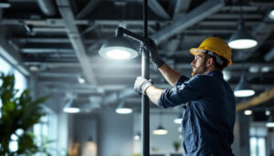A photograph of a lighting contractor installing or adjusting indoor pole lights in a commercial space