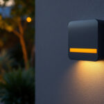 A photograph of a modern outdoor electric socket box installed in a stylish backyard setting