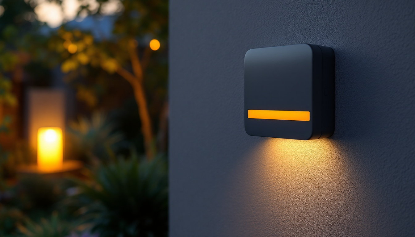 A photograph of a modern outdoor electric socket box installed in a stylish backyard setting