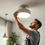 A photograph of a skilled electrician or technician expertly assembling a modern ceiling light fixture in a well-lit