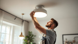 A photograph of a skilled electrician or technician expertly assembling a modern ceiling light fixture in a well-lit