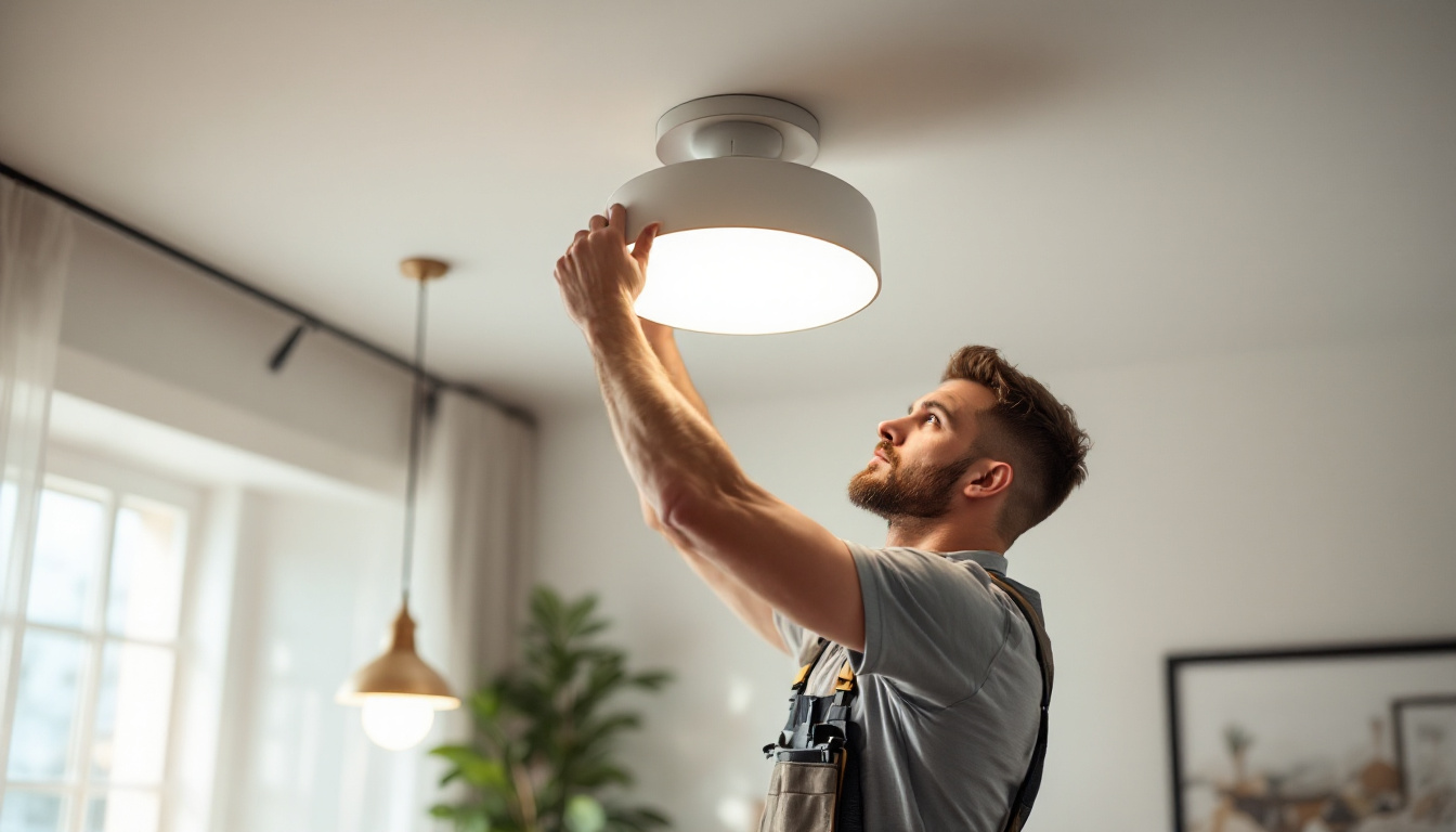 A photograph of a skilled electrician or technician expertly assembling a modern ceiling light fixture in a well-lit