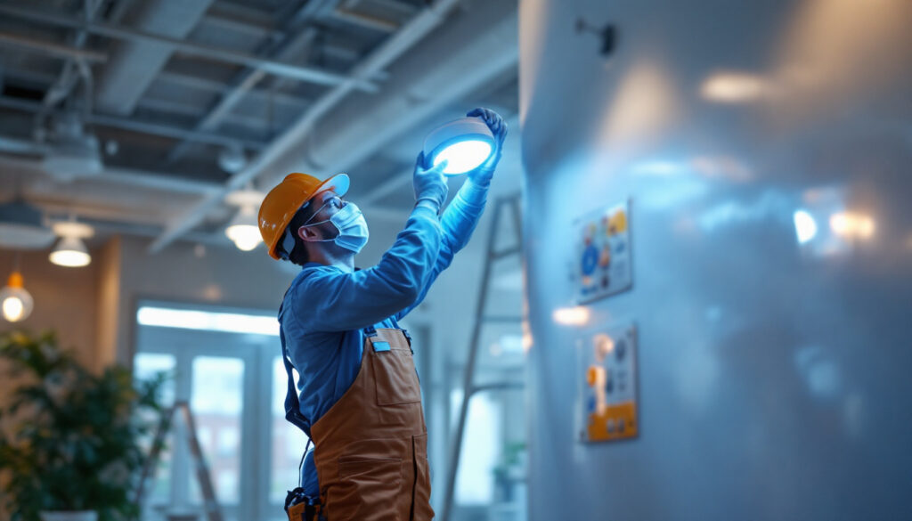 A photograph of a professional lighting contractor installing or demonstrating a uvc sanitizer light in a commercial space