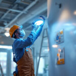 A photograph of a professional lighting contractor installing or demonstrating a uvc sanitizer light in a commercial space