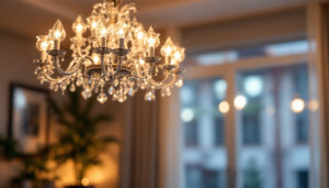 A photograph of a beautifully designed chandelier in a well-lit room