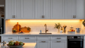 A photograph of a beautifully designed kitchen featuring sleek