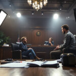 A photograph of a well-lit courtroom scene featuring a lighting contractor discussing their work with a client