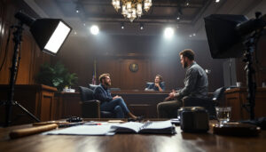 A photograph of a well-lit courtroom scene featuring a lighting contractor discussing their work with a client
