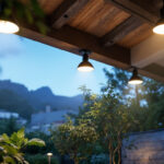 A photograph of a well-lit outdoor space showcasing various types of overhead lighting fixtures
