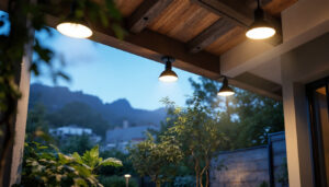 A photograph of a well-lit outdoor space showcasing various types of overhead lighting fixtures