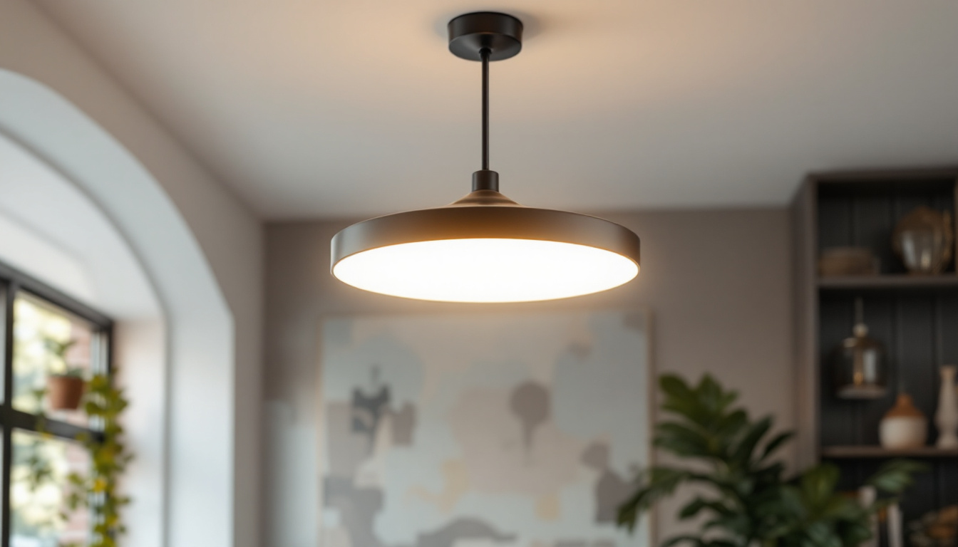 A photograph of a stylish pendant ceiling light installed in a modern interior setting