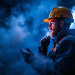 A photograph of a lighting contractor analyzing a vapor cloud illuminated by various lighting techniques