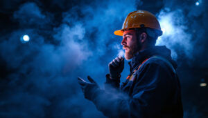 A photograph of a lighting contractor analyzing a vapor cloud illuminated by various lighting techniques