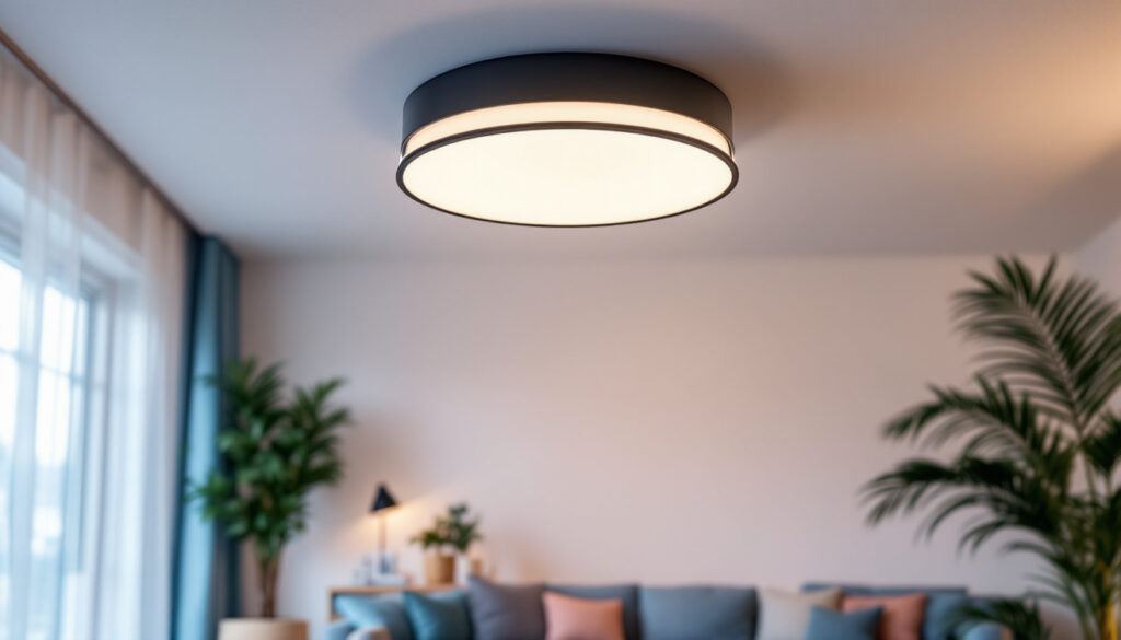 A photograph of a stylish flush-mounted ceiling light installed in a modern living space