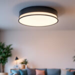 A photograph of a stylish flush-mounted ceiling light installed in a modern living space