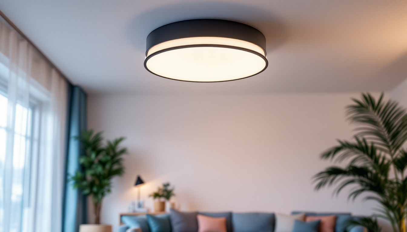 A photograph of a stylish flush-mounted ceiling light installed in a modern living space