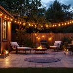 A photograph of a beautifully illuminated patio at dusk