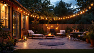 A photograph of a beautifully illuminated patio at dusk