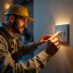 A photograph of a skilled contractor installing a modern toggle switch in a stylishly designed home setting