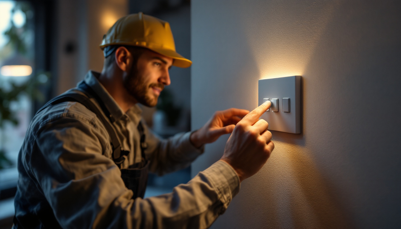 A photograph of a skilled contractor installing a modern toggle switch in a stylishly designed home setting