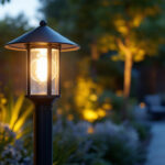 A photograph of a beautifully designed outdoor post light fixture illuminating a stylish garden or pathway at dusk