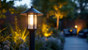 A photograph of a beautifully designed outdoor post light fixture illuminating a stylish garden or pathway at dusk