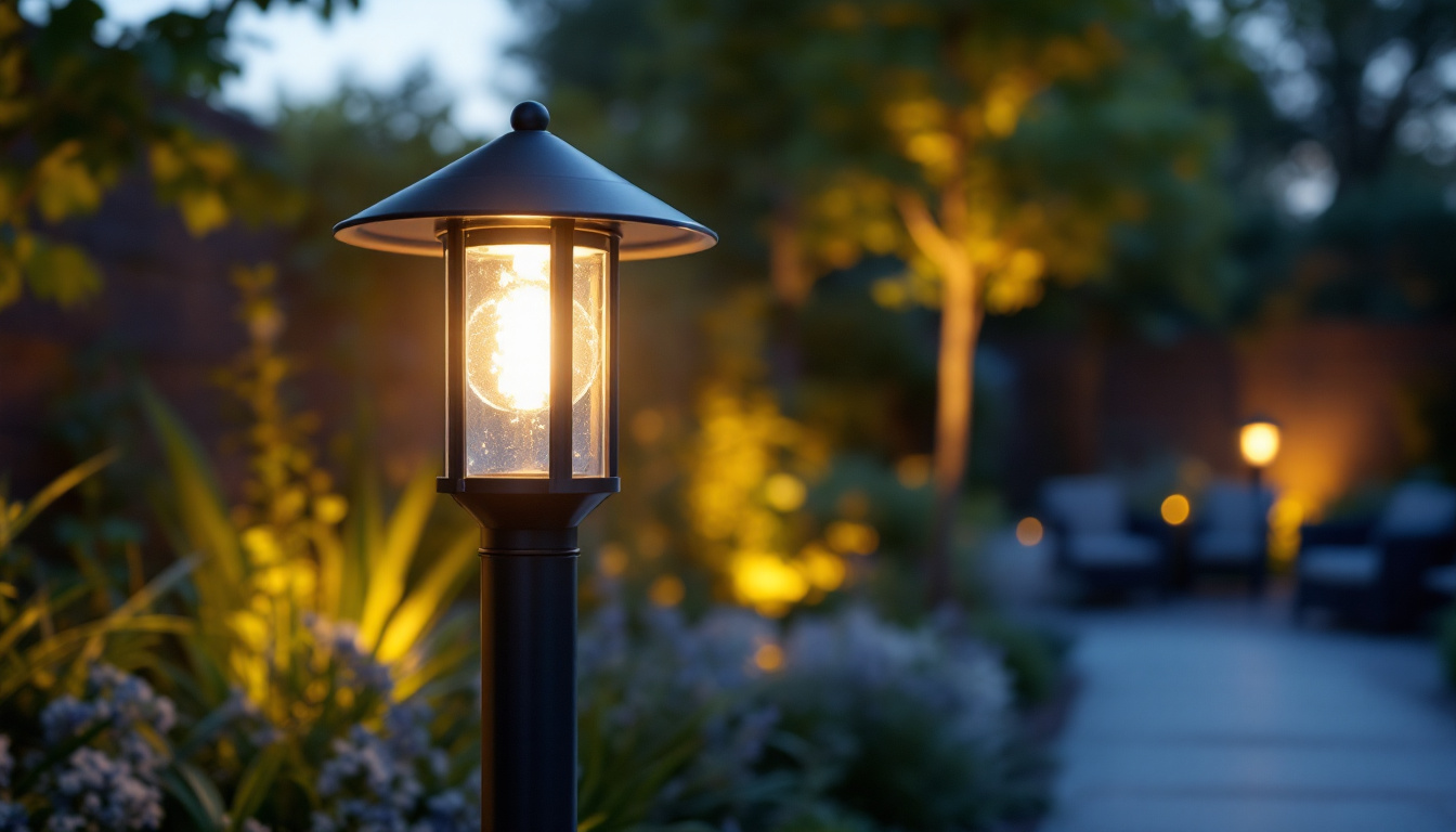 A photograph of a beautifully designed outdoor post light fixture illuminating a stylish garden or pathway at dusk