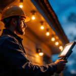 A photograph of a professional lighting contractor installing exterior led floodlights on a residential or commercial building at dusk