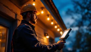 A photograph of a professional lighting contractor installing exterior led floodlights on a residential or commercial building at dusk