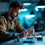 A photograph of a lighting contractor examining various plug outlets in a well-lit workspace