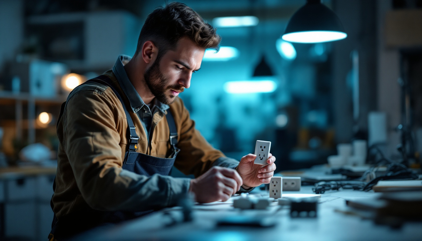 A photograph of a lighting contractor examining various plug outlets in a well-lit workspace