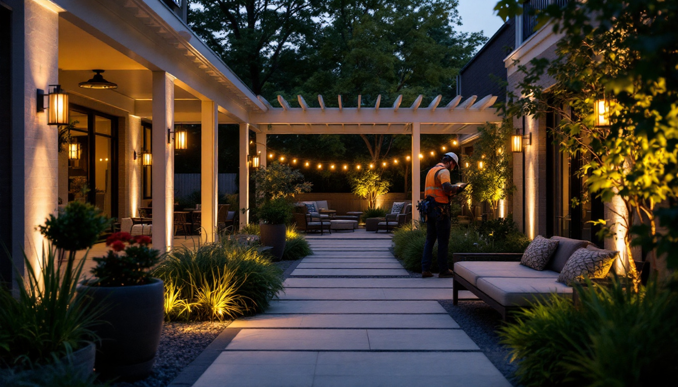 A photograph of a beautifully illuminated outdoor space showcasing various types of outdoor lighting fixtures in use