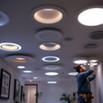 A photograph of a well-lit room showcasing various styles of recessed lights in action