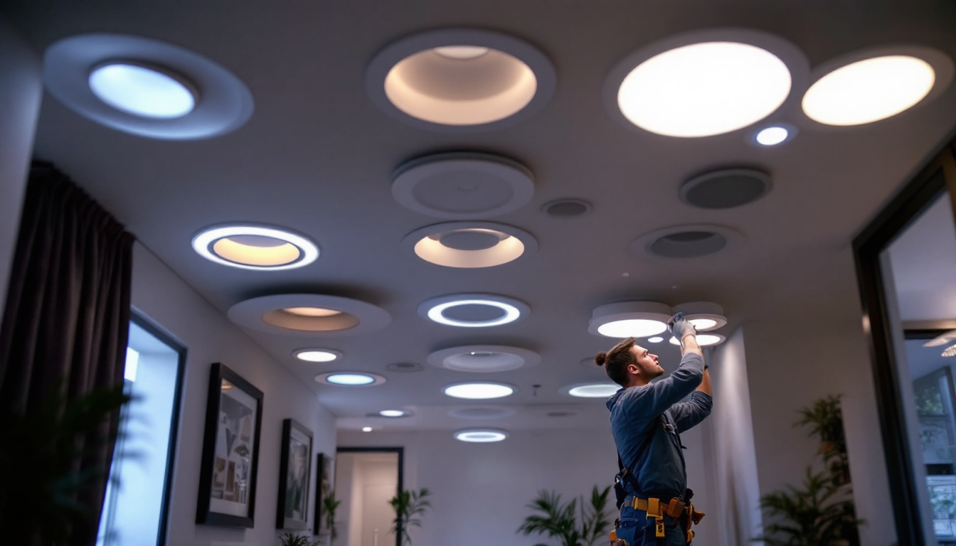 A photograph of a well-lit room showcasing various styles of recessed lights in action