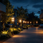 A photograph of a well-lit outdoor space featuring various types of perimeter lighting installations