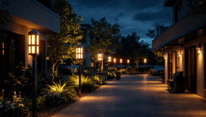 A photograph of a well-lit outdoor space featuring various types of perimeter lighting installations