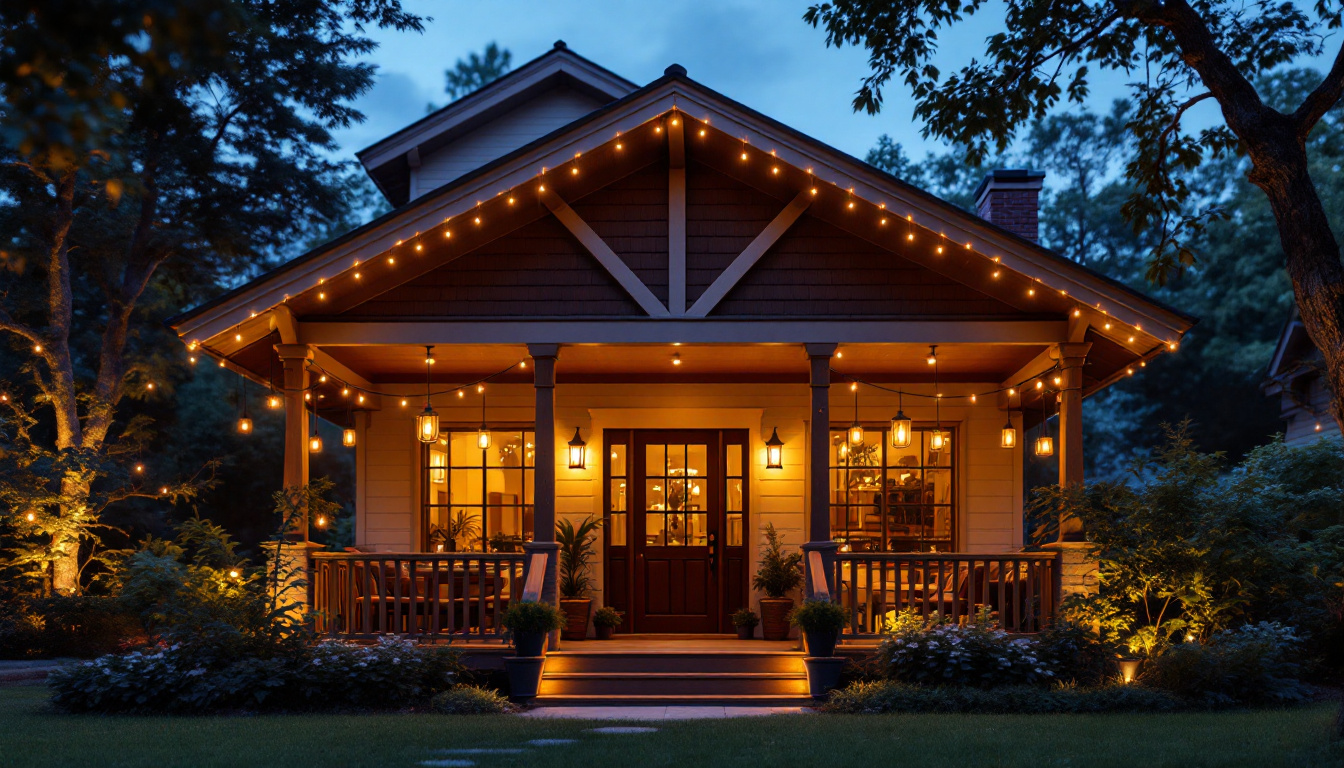 A photograph of a beautifully designed porch featuring an array of hanging lights at dusk