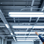 A photograph of a modern workspace featuring sleek fluorescent ceiling lights