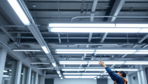 A photograph of a modern workspace featuring sleek fluorescent ceiling lights