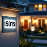 A photograph of a beautifully illuminated house number sign at dusk