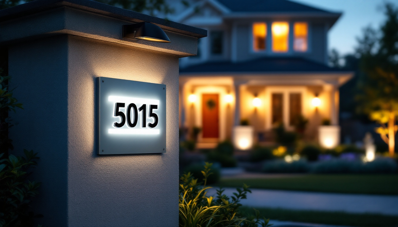 A photograph of a beautifully illuminated house number sign at dusk