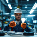 A photograph of a lighting contractor examining a led bulb and a fluorescent fixture side by side in a well-lit workspace