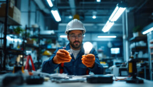 A photograph of a lighting contractor examining a led bulb and a fluorescent fixture side by side in a well-lit workspace