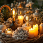 A photograph of a beautifully arranged center basket filled with various lighting design elements